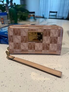 Michael Kors Pink and Tan Signature Check Wristlet Wallet